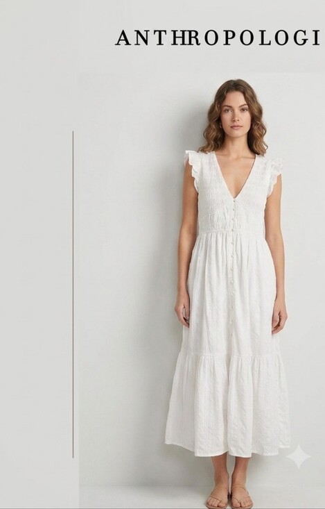 Anthropologie Dresses & Skirts - Anthropologie White V-Neck Button-Front Midi Dress with Flutter Sleeves As Is
